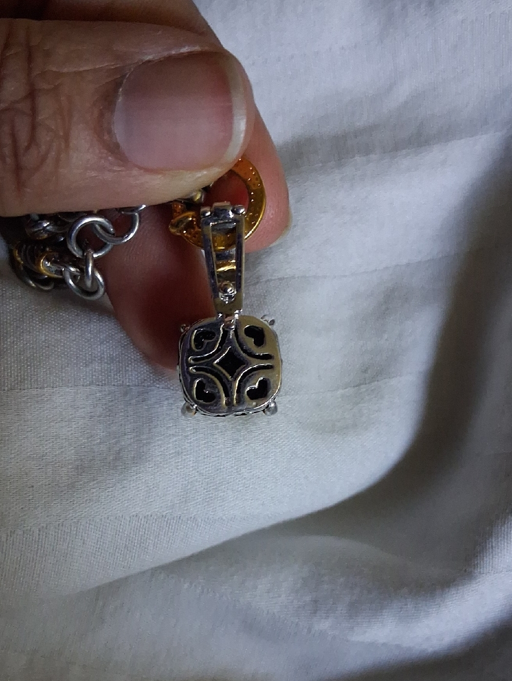 Two-Tone Silver & Gold Chain Necklace with Black Gem Pendant - Picture 5 of 5